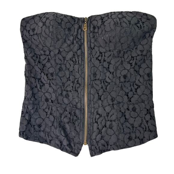 Full Tilt Bustier Top M Padded Bra Lace Overlay Front Zip Strapless Smocked Back - Picture 2 of 9